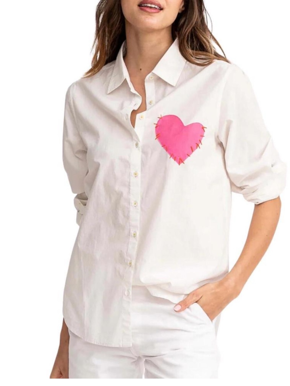 Kerri Rosenthal imperfect stitched heart white pink button down blouse top Sz XS